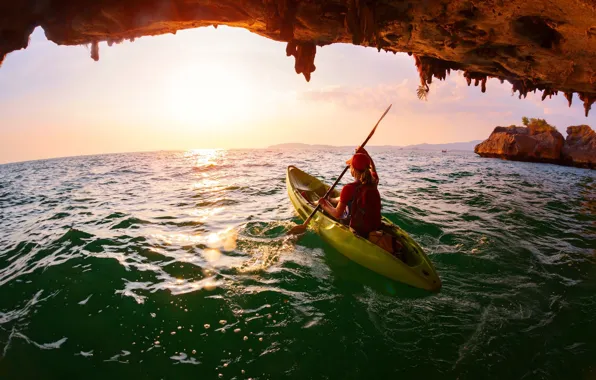 Picture sea, water, caves, kayaking