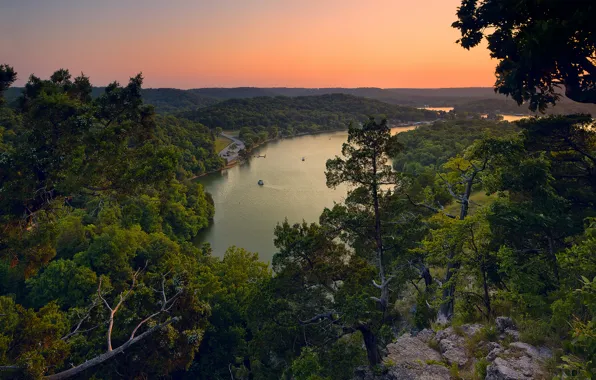 Picture forest, trees, sunset, nature, lake, panorama, Lake of the Ozarks