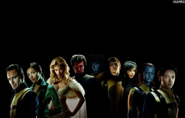Picture black background, Mystic, James McAvoy, superheroes, Emma Frost, January Jones, Magneto, Michael Fassbender