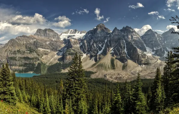 Forest, mountains, lake, panorama, Banff National Park, Alberta, Canada, Moraine Lake