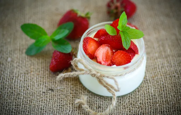 Picture Breakfast, strawberry, Bank, mint, yogurt
