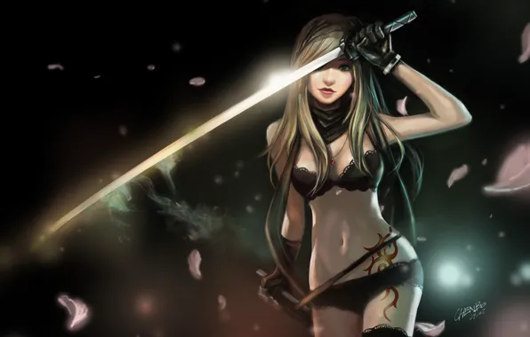 Girl, weapons, smoke, sword, katana, stockings, petals, scarf