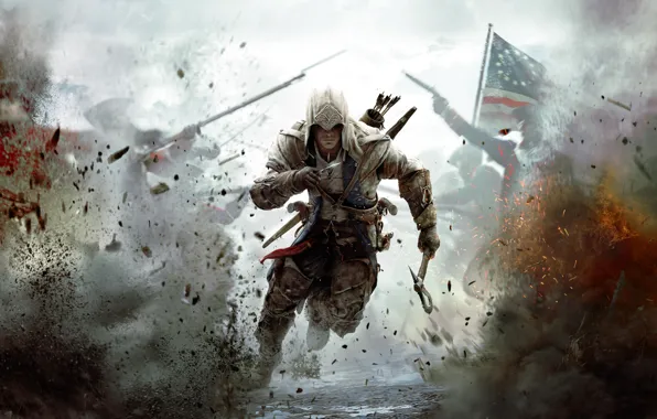 War, flag, soldiers, America, assassin, Assassin's Creed III, Radunhageydu, the half-breed Indian