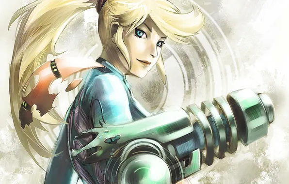 Picture girl, weapons, art, ponytail, Metroid, Samus