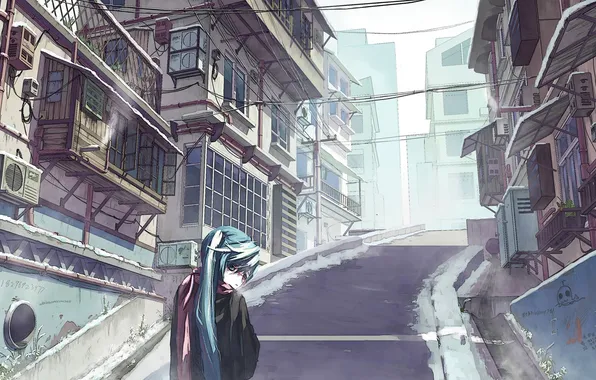 Picture girl, the city, home, anime, scarf, art, vocaloid, hatsune miku