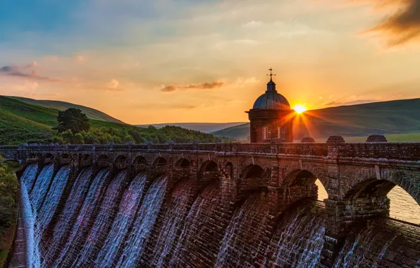 The sky, the sun, sunset, bridge, hills, tower, waterfall, arch