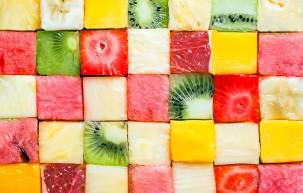 Cubes, watermelon, kiwi, fruit, a lot, grapefruit, cutting, melon