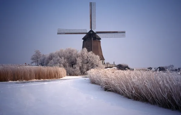 Ice, winter, snow, river, mill, Landscapes