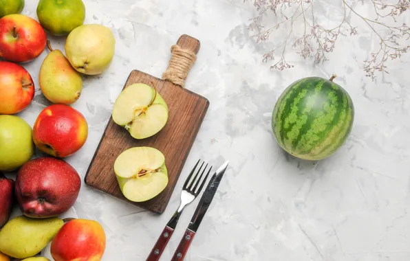 Apples, watermelon, knife, fruit, plug, light background, pear, different