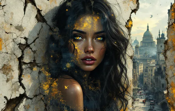 Look, girl, face, the city, cracked, building, portrait, brunette
