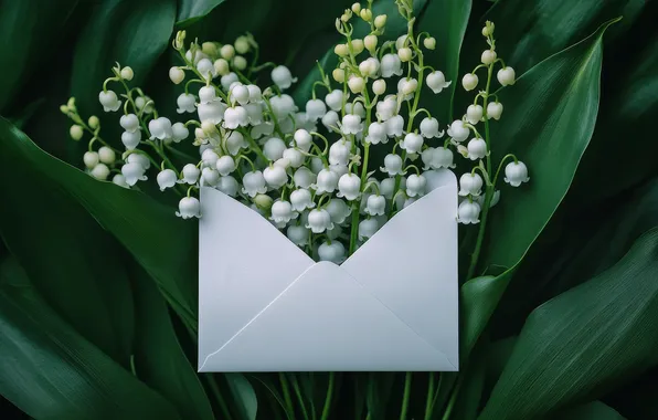 Leaves, flowers, holiday, white, lilies of the valley, March 8, green background, a bunch