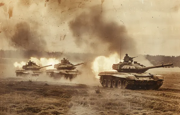Dust, Smoke, Fire, Retro, Tanks, Digital art, AI art, The Art of Artificial Intelligence