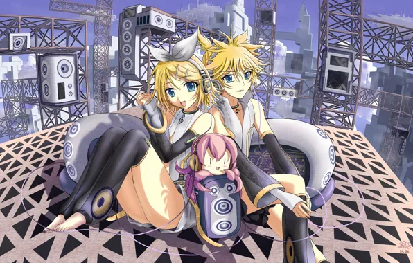 Anime, headphones, art, speaker, two, Vocaloid, Vocaloid, Kagamine Len