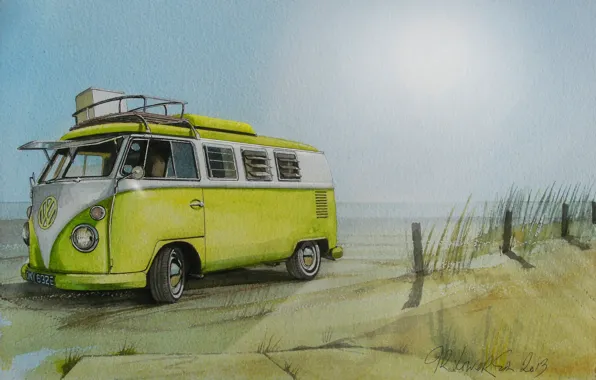 Beach, figure, Volkswagen, painting, minibus, Transporter, Volkswagen, Type 2