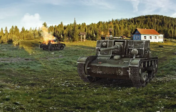 Forest, house, art, tank, tanks, WoT, World of Tanks, PT-ACS