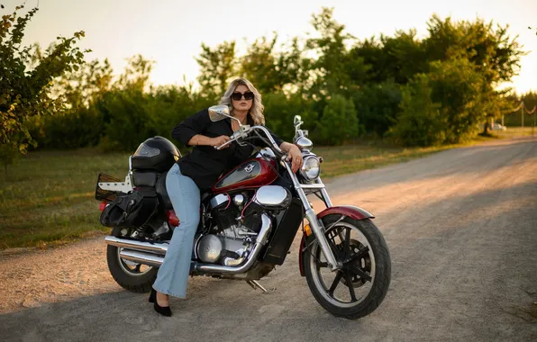 Picture road, girl, pose, jeans, glasses, blonde, motorcycle, Anna