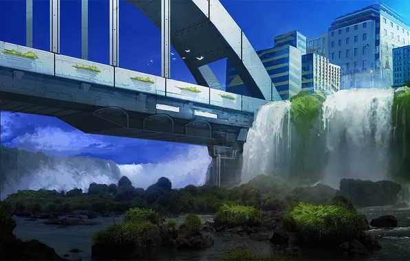 Picture bridge, the city, stones, thickets, bird, waterfall, art