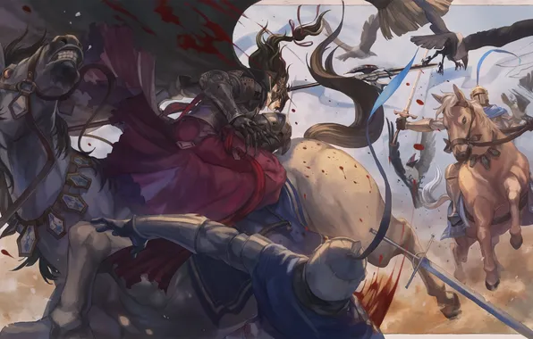 Picture weapons, blood, horse, sword, anime, warrior, art, battle