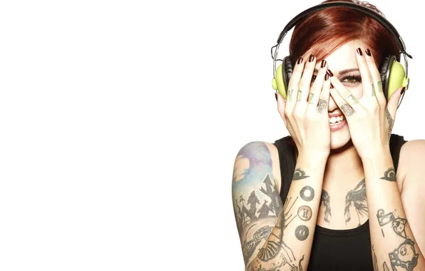 Picture Girl, headphones, white background, tattoo, confused