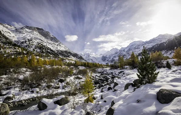Autumn, snow, trees, mountains, nature, river, stream, Switzerland