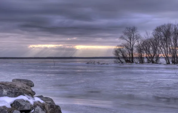 Ice, snow, trees, sunset, lake, Winter, the evening