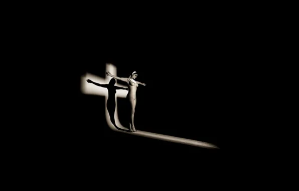 Girl, light, background, black, naked, shadow, cross, silhouette