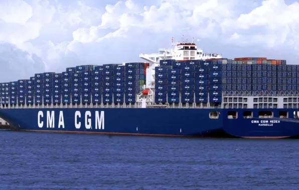 Clouds, Sea, Pier, Blue, Board, The ship, Cargo, A container ship