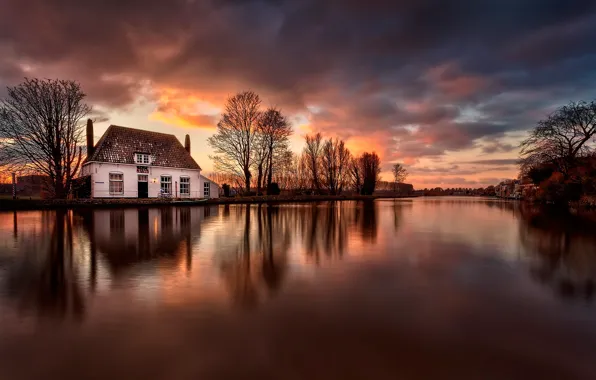 House, reflection, river, Netherlands