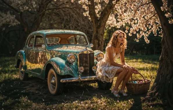 Machine, girl, light, trees, pose, glade, spring, garden