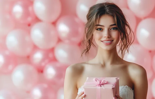 Girl, balloons, holiday, gift, pink background, March 8, Birthday, Valentine's Day