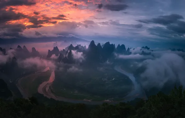 Picture the sky, clouds, mountains, river, China, field, China, river