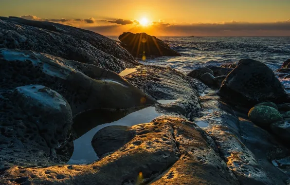 Sea, wave, the sky, the sun, clouds, rays, light, sunset