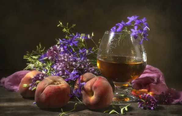 Flowers, glass, fabric, drink, fruit, still life, cognac, peaches