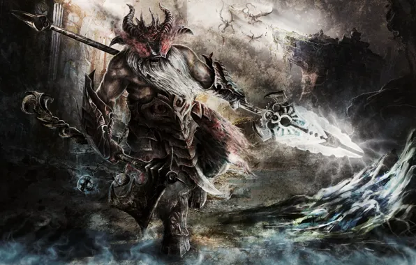 Picture warrior, horns, helmet, beard, axe