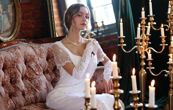 Picture fashion, cleavage, model, women, brunette, sitting, white dress, makeup
