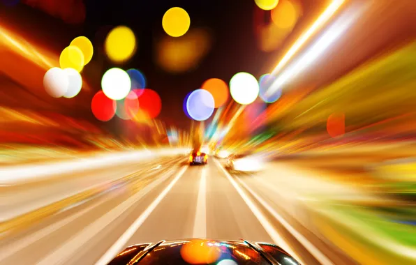 Picture road, machine, light, night, the city, lights, excerpt, colorful