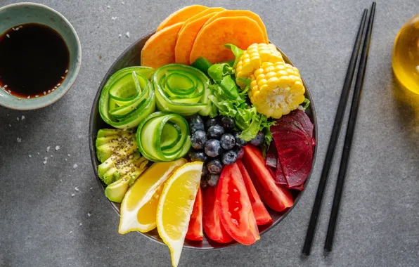 Corn, blueberries, fruit, grey background, vegetables, tomatoes, carrots, sauce