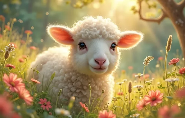 White, summer, flowers, tree, glade, meadow, lamb, face