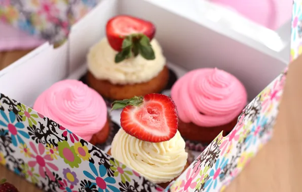 Picture white, berries, pink, box, strawberry, cream, dessert, cakes