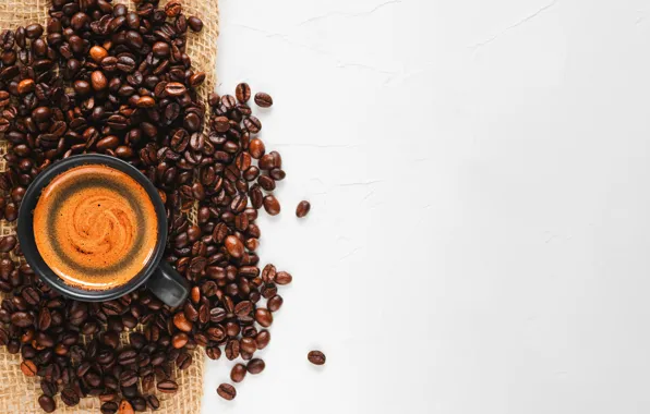 Coffee, Cup, placer, light background, coffee beans, burlap, foam