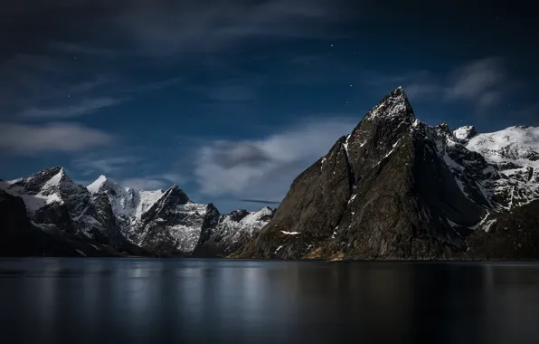 Sea, the sky, snow, night, rocks, Norway, archipelago, The Lofoten Islands