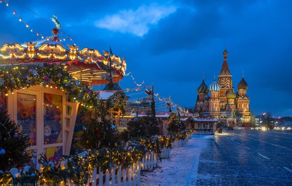 Winter, Moscow, New year, carousel, St. Basil's Cathedral, Russia, Red square, garland