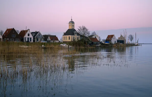 River, shore, home, boats, Church, Netherlands, Durgerdam