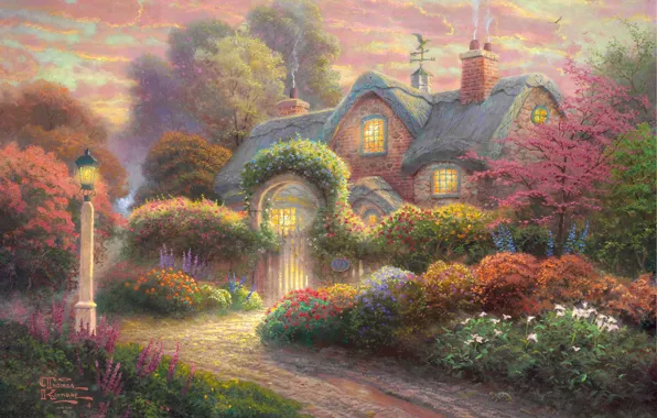 Picture flowers, garden, lantern, painting, cottage, flowers, Thomas Kinkade, painting
