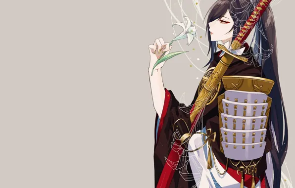 Picture Lily, katana, armor, samurai, profile, grey background, long hair, sheath