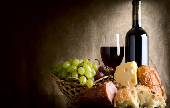 Wine, basket, glass, cheese, bread, grapes, salmon