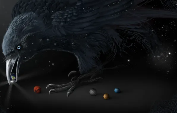 Bird, black, planet, beak, art, Raven