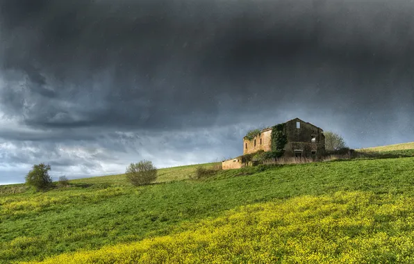 Flowers, mountains, house, field, storm, devastation, farm, gray clouds