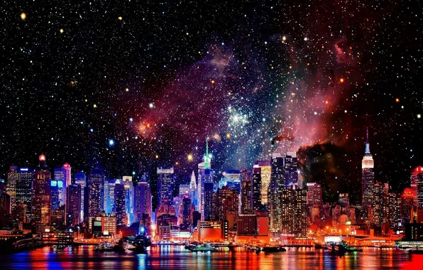 Stars, night, building, New York, skyscrapers