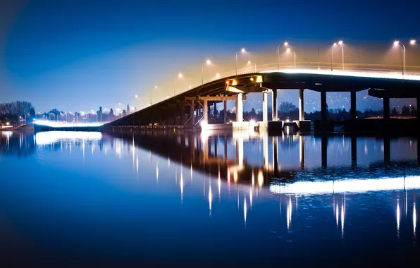 Water, night, bridge, lights, reflection, river, lights
